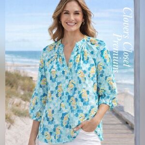 Crown & Ivy Petite Seahorse Print Blouse PL Blue Mosaic Spring Summer Top